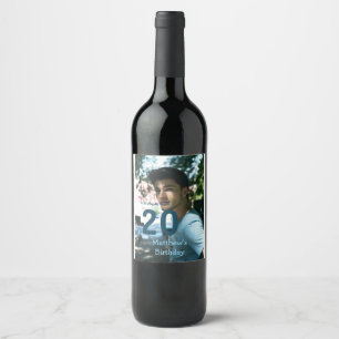 20th birthday add name photo date man blue white s wine label