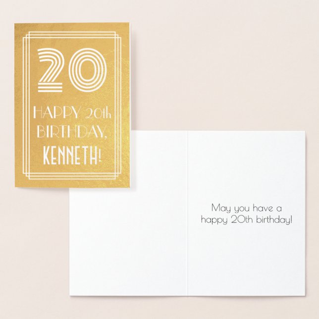 20th Birthday – Art Deco Inspired Look "20" + Name Foil Card (Display)