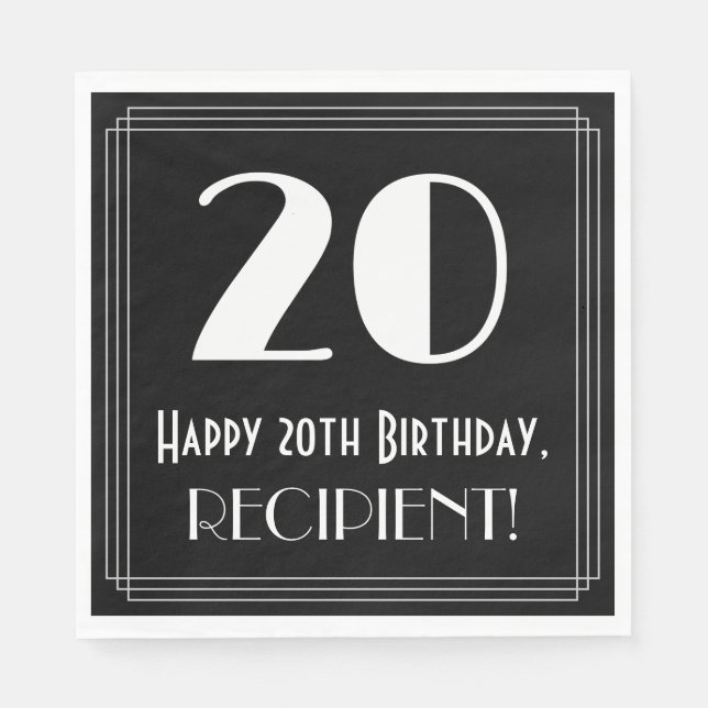 20th Birthday ~ Art Deco Inspired Look "20", Name Napkin (Front)