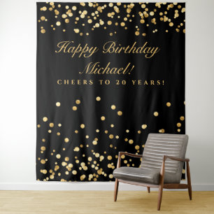 20Th Birthday Backdrop, Black And Gold Confetti Tapestry