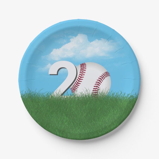20th Birthday Baseball In Green Grass Paper Plate (Front)