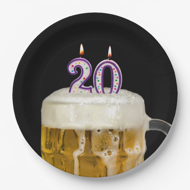 20th Birthday Beer on black Paper Plate (Front)