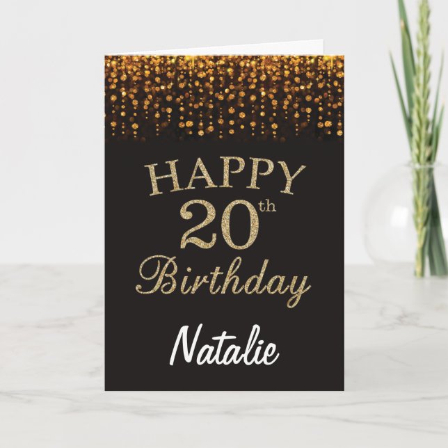 20th Birthday Black and Gold Glitter Card (Front)