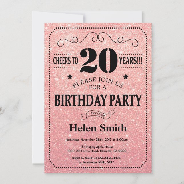 20th Birthday Black and Pink Rose Gold Glitter Invitation (Front)