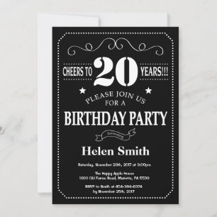 20th Birthday Black and White Chalkboard Invitation
