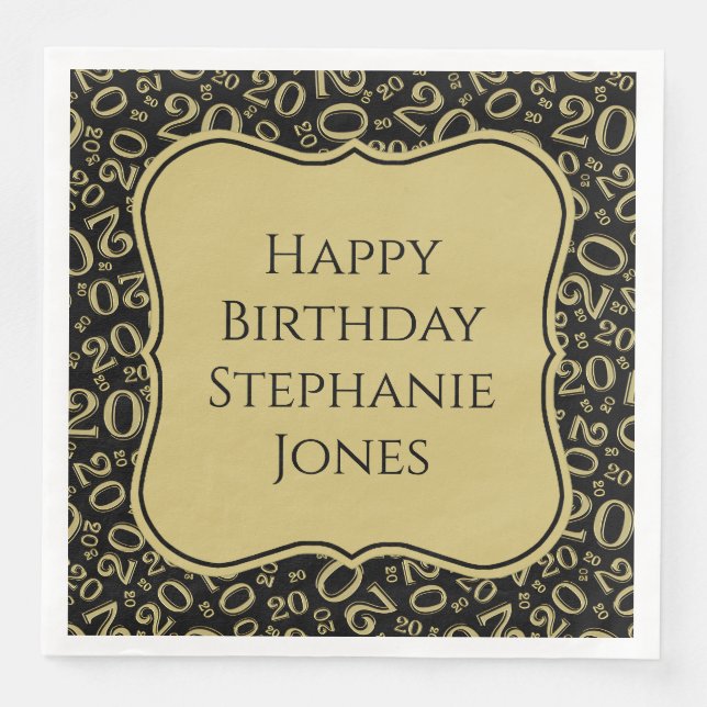 20th Birthday Black/Gold Bracket Number Pattern Napkin (Front)