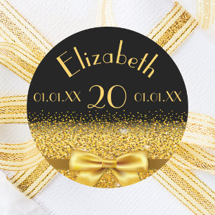 20th birthday black gold name date classic round sticker