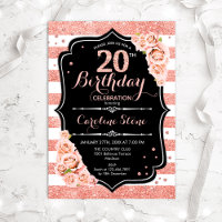 20th Birthday Black Rose Gold and White Stripes