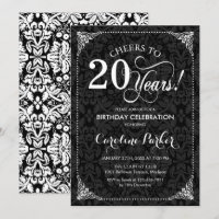 20th Birthday - Black White Damask