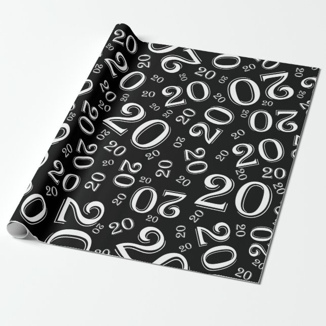 20th Birthday Black/White Random Number Pattern 20 Wrapping Paper (Unrolled)