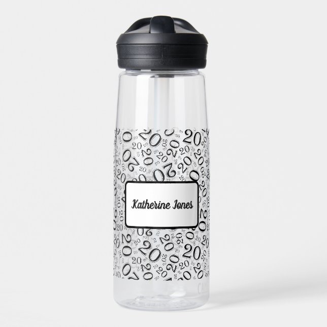 20th Birthday Black & White Random Number Pattern Water Bottle (Front)