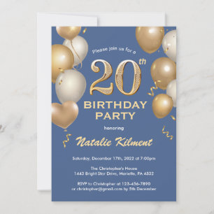 20th Birthday Blue and Gold Glitter Balloons Invitation