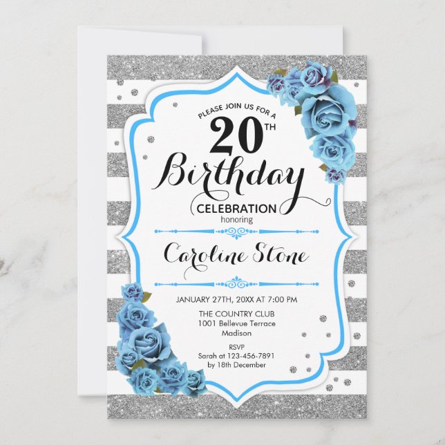 20th Birthday - Blue Silver White Stripes Invitation (Front)