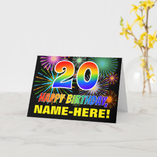 20th Birthday: Bold, Fun, Fireworks, Rainbow 20 Card