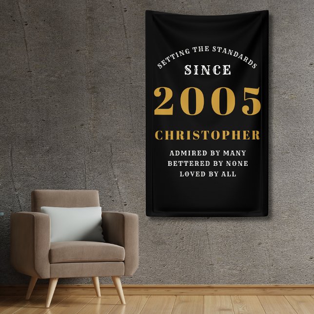 20th Birthday Born 2005 Add Name Black Gold Banner (20th birthday wall banner in black and gold. Personalize with year and name.)