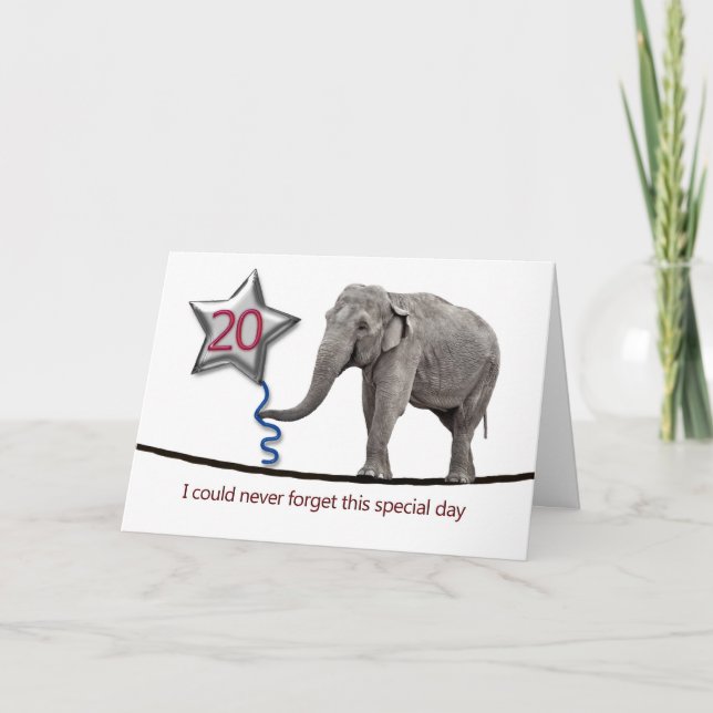 20th Birthday card with tightrope walking elephant (Front)