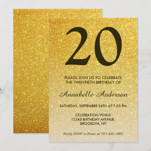 20th Birthday Classic Black Gold Glitter Ombre Invitation