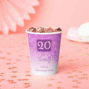 20th Birthday Classy Falling Pink Glitter Paper Cups