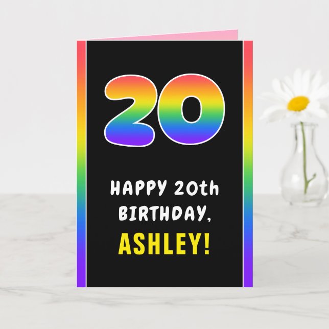 20th Birthday: Colourful Rainbow # 20, Custom Name Card (Small Plant)