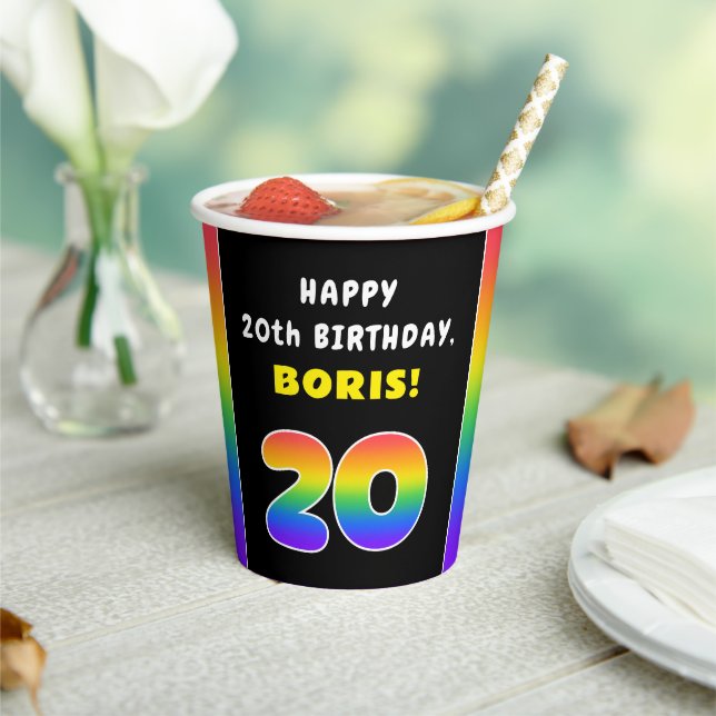 20th Birthday: Colourful Rainbow # 20, Custom Name Paper Cups (Insitu)
