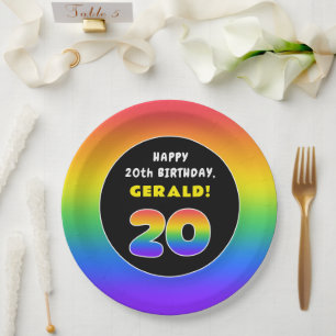 20th Birthday: Colourful Rainbow # 20, Custom Name Paper Plate