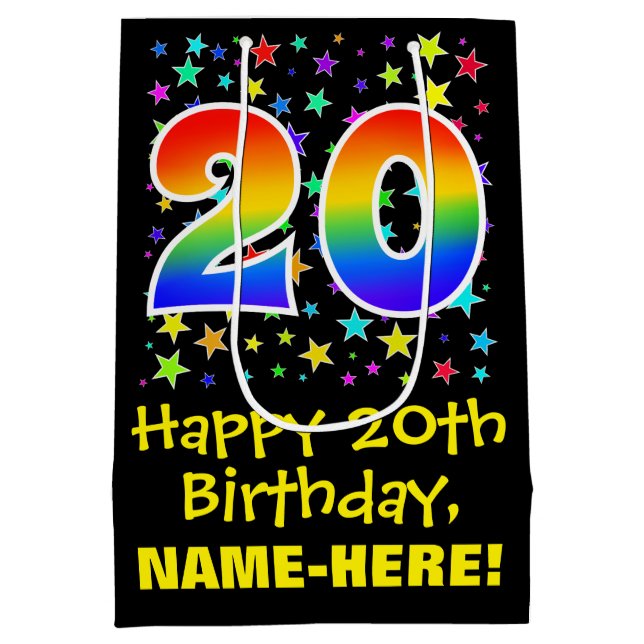 20th Birthday: Colourful Stars Pattern & Rainbow 2 Medium Gift Bag (Back)