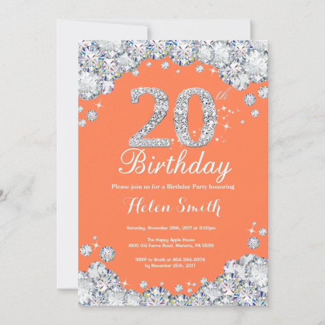 20th Birthday Coral and Silver Diamond Invitation (Front)