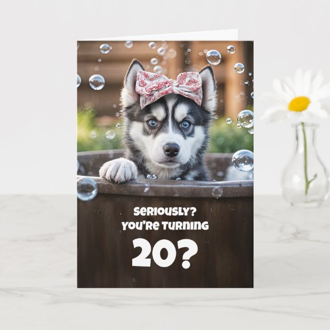 20th Birthday Cute Siberian Husky Puppy  Card (Small Plant)