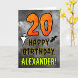 20th Birthday: Eerie Halloween Theme   Custom Name Card<br><div class="desc">The front of this scary and spooky Halloween themed birthday greeting card design features a large number “20”. It also features the message “HAPPY BIRTHDAY, ”, plus a personalised name. There are also depictions of a ghost and a bat on the front. The inside features a customised birthday greeting message,...</div>