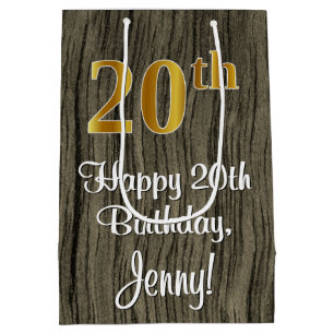 20th Birthday: Elegant Faux Gold Look #, Faux Wood Medium Gift Bag