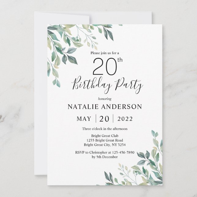 20th Birthday Elegant Green Eucalyptus Greenery Invitation (Front)