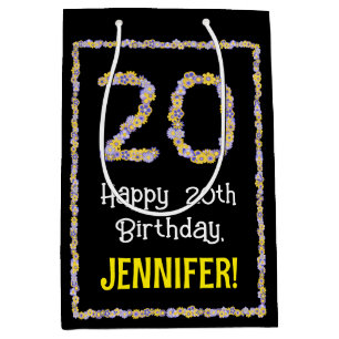 20th Birthday: Floral Flowers Number, Custom Name Medium Gift Bag