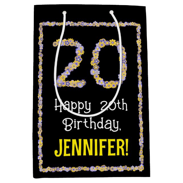 20th Birthday: Floral Flowers Number, Custom Name Medium Gift Bag (Front)