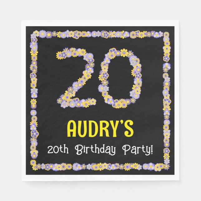 20th Birthday: Floral Flowers Number, Custom Name Napkin (Front)