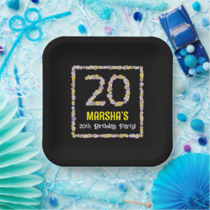 20th Birthday: Floral Flowers Number, Custom Name Paper Plate
