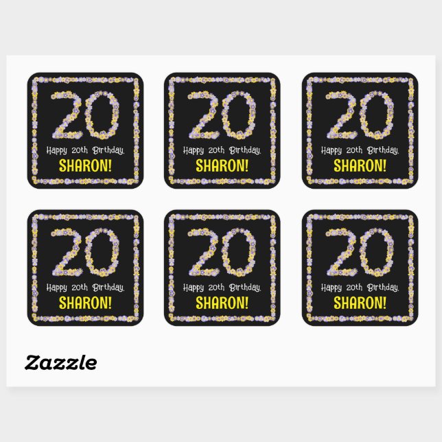 20th Birthday: Floral Flowers Number, Custom Name Square Sticker (Sheet)