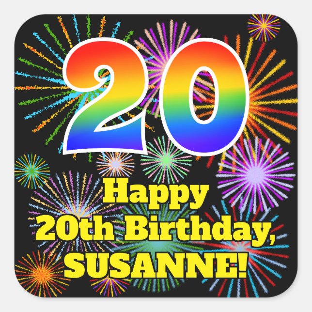 20th Birthday: Fun Fireworks Look, Rainbow # 20 Square Sticker (Front)