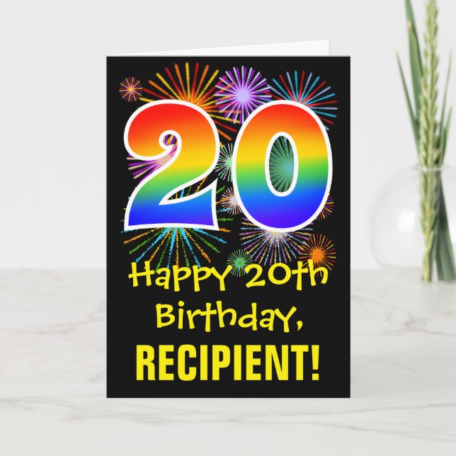 20th Birthday: Fun Fireworks Pattern + Rainbow 20 Card (Front)