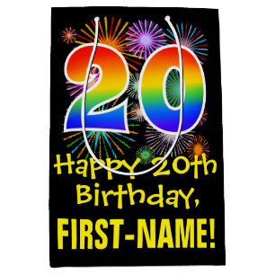 20th Birthday: Fun Fireworks Pattern + Rainbow 20 Medium Gift Bag