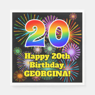 20th Birthday: Fun Fireworks Pattern + Rainbow 20 Napkin