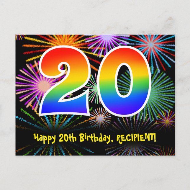 20th Birthday – Fun Fireworks Pattern + Rainbow 20 Postcard (Front)