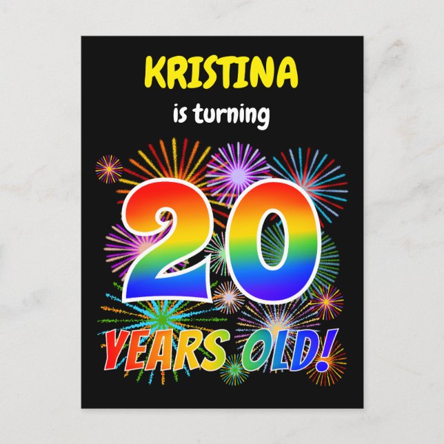 20th Birthday - Fun Fireworks, Rainbow Look "20" Postcard (Front)