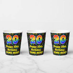 20th Birthday: Fun Music Notes Pattern, Rainbow 20 Paper Cups