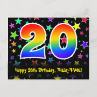 20th Birthday: Fun Stars Pattern, Rainbow 20, Name