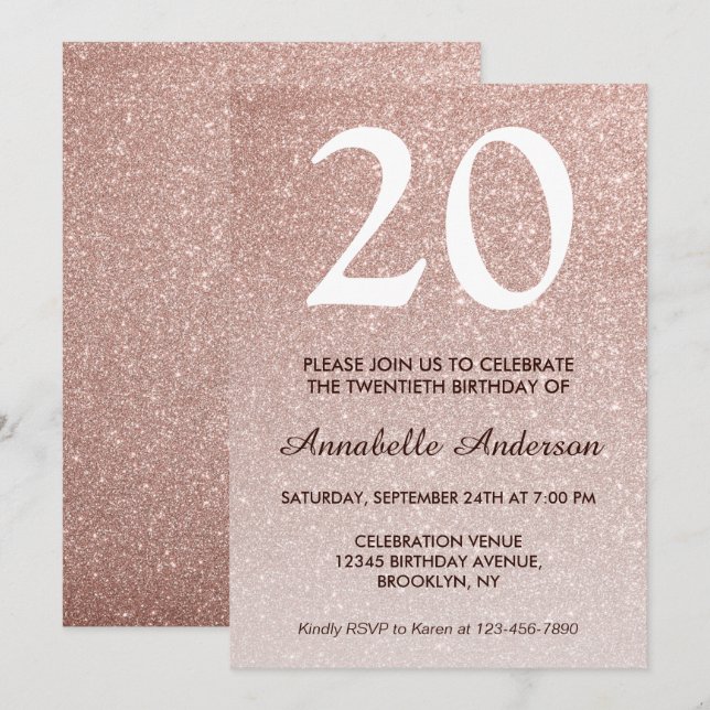 20th Birthday Glam Pink Rose Gold Glitter Ombre Invitation (Front/Back)