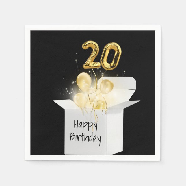 20th Birthday Gold Balloons In White Box Napkin (Front)