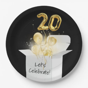 20th Birthday Gold Balloons In White Box Paper Plate