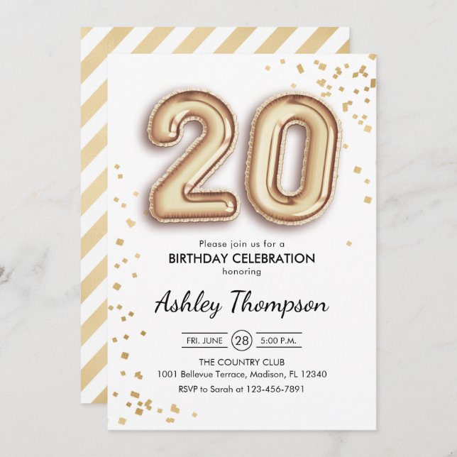 20th Birthday - Gold Balloons Invitation (Front/Back)