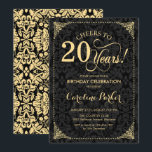 20th Birthday - Gold Black Damask Invitation<br><div class="desc">20th Birthday Invitation
Elegant vintage black and faux gold design with damask pattern. Features script font. Cheers to 20 years! Can be personalized into any age! Message me if you need further customization.</div>