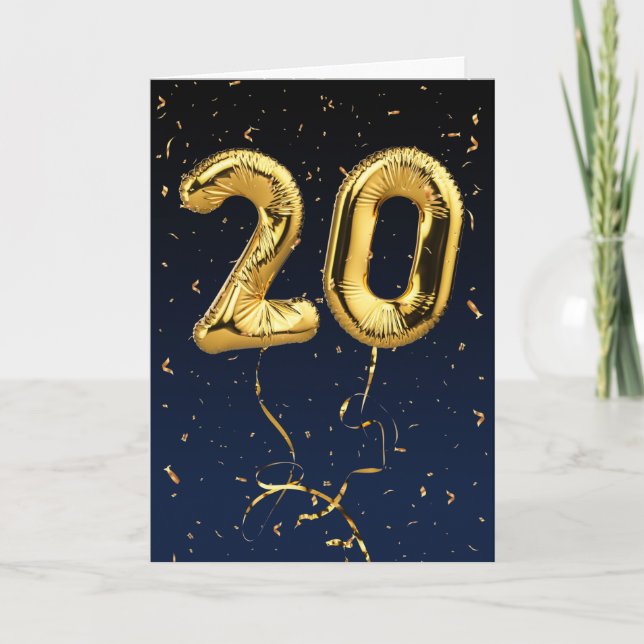 20th Birthday Gold Mylar Balloon and Confetti Card (Front)